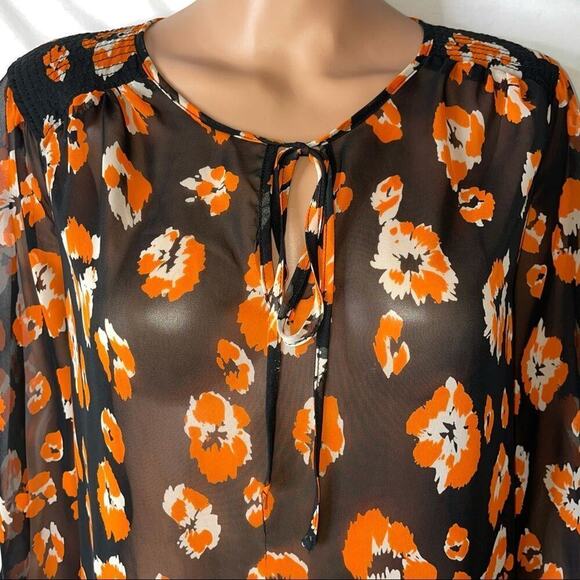 Pleione Floral Print Sheer Black Orange Blouse - SM lightweight top orange black - Picture 3 of 6